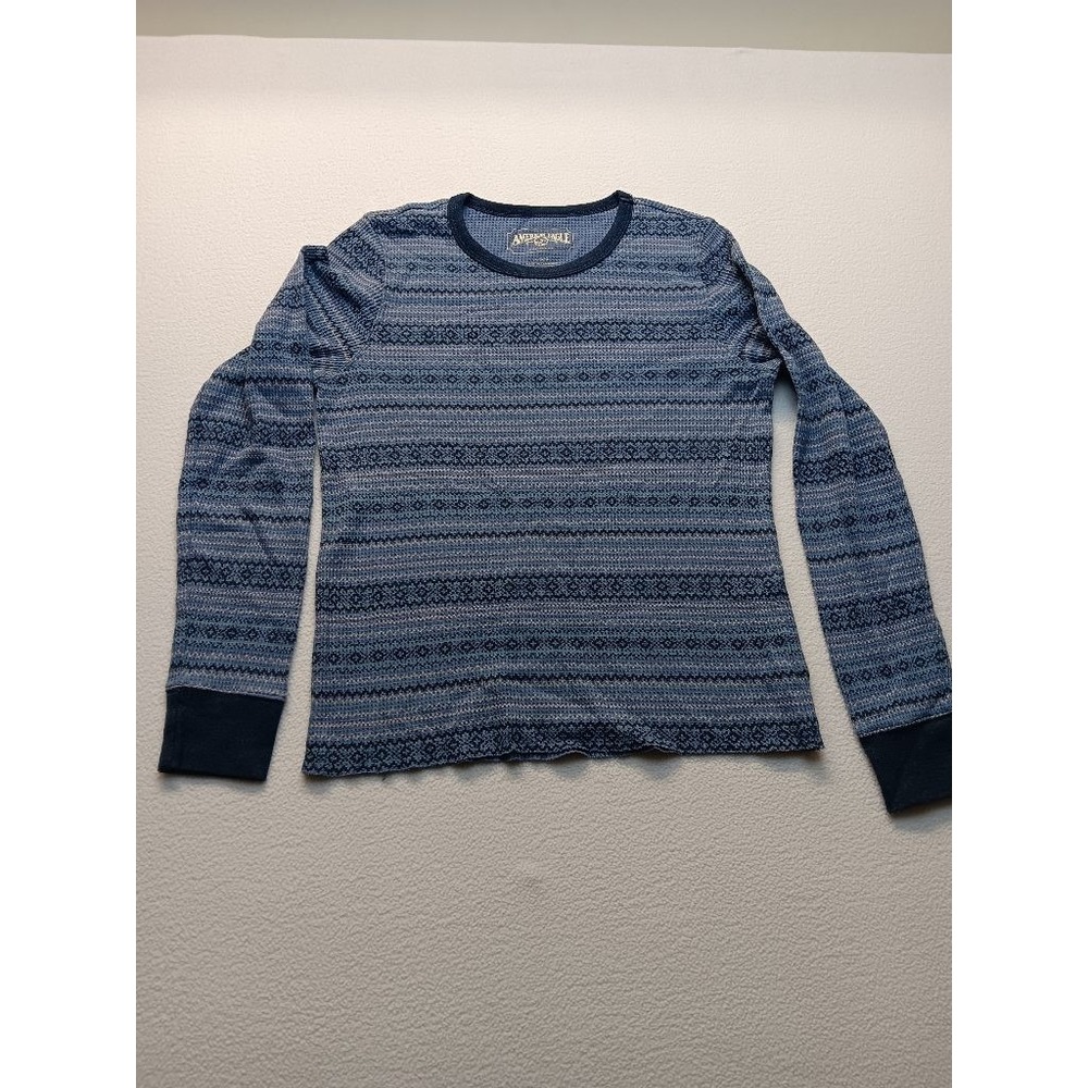 American Eagle Mens L Waffle Knit Thermal Fair Isle Long Sleeve Shirt Blue